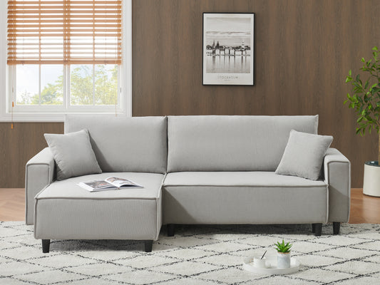 The 93-inch grey corduroy sofa bed comes with two pillows to fit in the living room and the apartment is not overcrowded