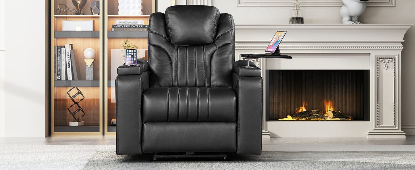 PU Leather Power Recliner Home Theater Recliner with Power Adjustable Headrest, Wireless Charging Device, USB Port, Storage Arms, Cup Holder and Swivel Tray Table for Living Room, Black