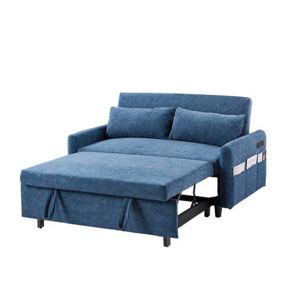 55.1" Pull Out Sleep Sofa Bed Loveseats Sofa Couch with Adjsutable Backrest, Storage Pockets, 2 Soft Pillows, USB Ports for Living Room, Bedroom, Apartment, Office, Blue (Old SKU WF307821AAC)