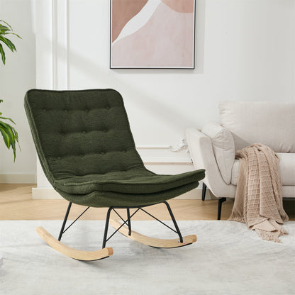 Lazy Rocking Chair,Comfortable Lounge Chair with Wide Backrest and Seat Wood Base, Upholstered Armless Rocker Chair for Living room, Balcony,Bedroom and Patio Porch. (DARK GREEN)