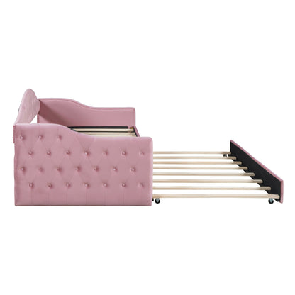 Size Tufted Upholstered Daybed with Trundle,Velvet Sofabed with USB&Type-C Charging Ports,No Box-spring Needed, Pink