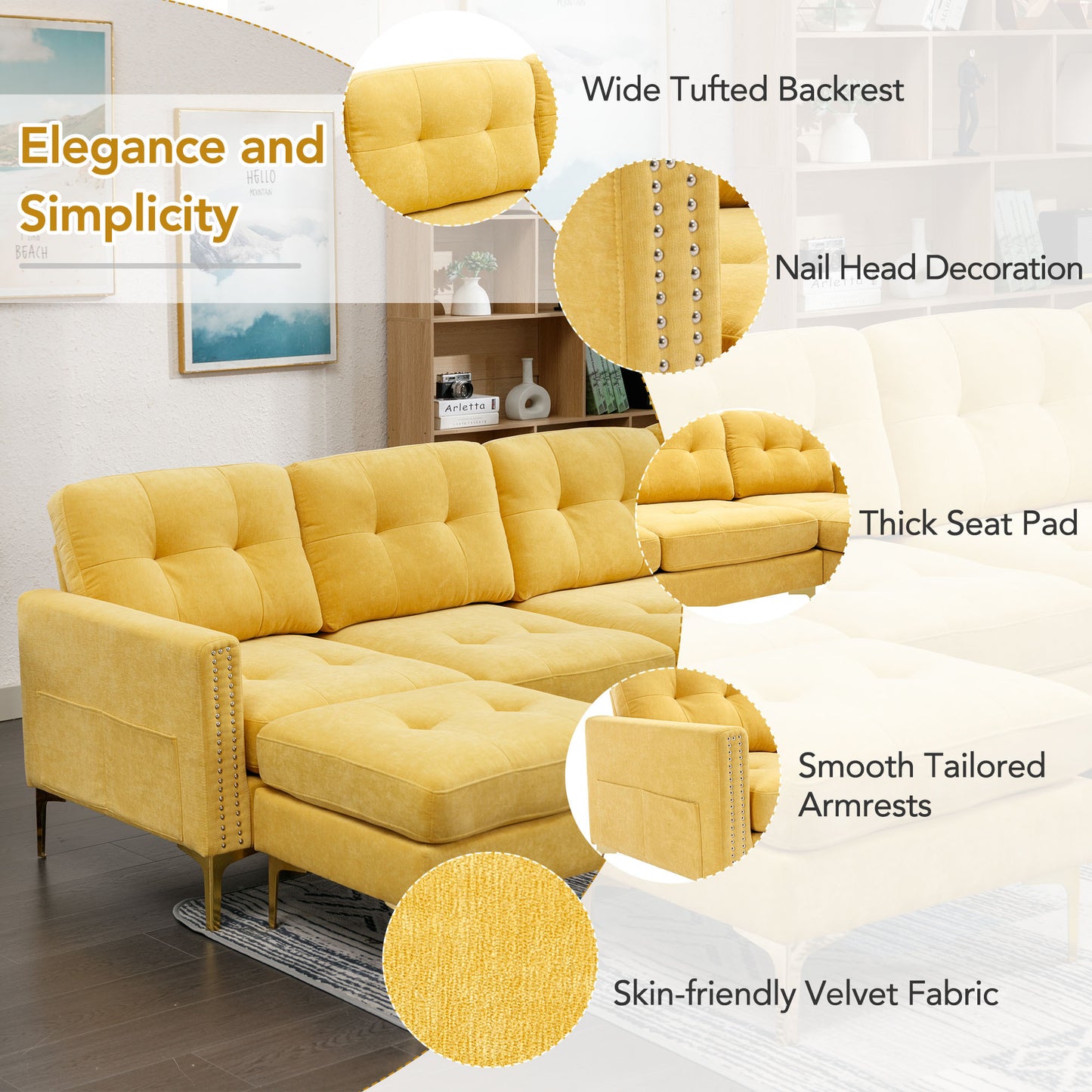 110" L-Shape Convertible Sectional Sofa Couch with Movable Ottoman for Living Room, Apartment, Office, Yellow