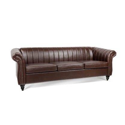 83.46'' Brown PU Rolled Arm Chesterfield Three Seater Sofa.