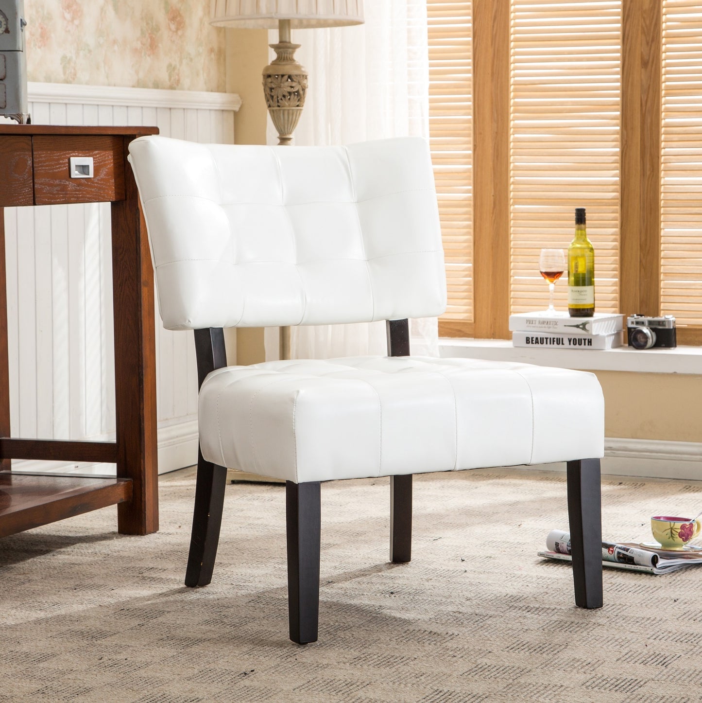 Leather Tufted Accent Chair with Oversized Seating, Ivory