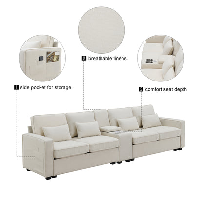 114.2" Upholstered Sofa with Console, 2 Cupholders and 2 USB Ports Wired or Wirelessly Charged, Modern Linen Fabric Couches with 4 Pillows for Living Room, Apartment