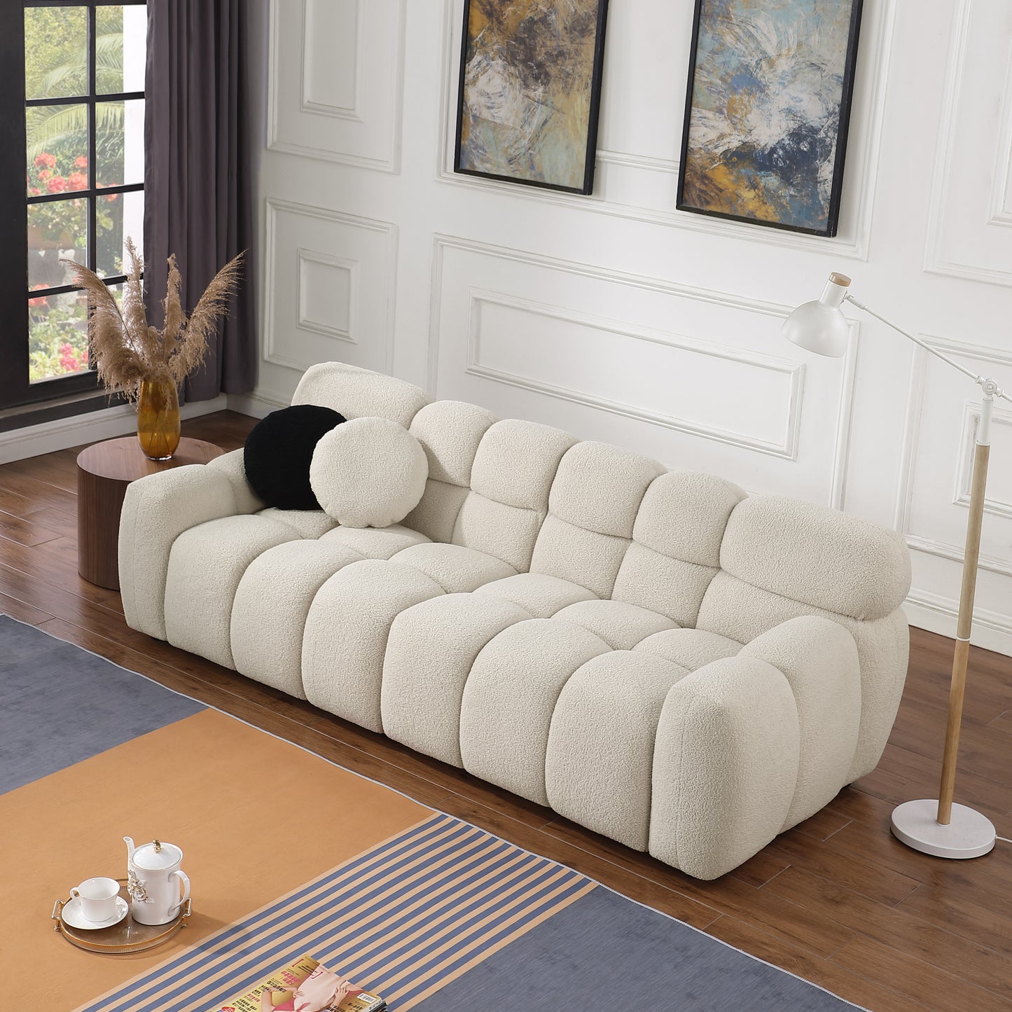 87.4 length,35.83" deepth,human body structure for USA people, marshmallow sofa,boucle sofa,3 seater, BEIGE BOUCLE