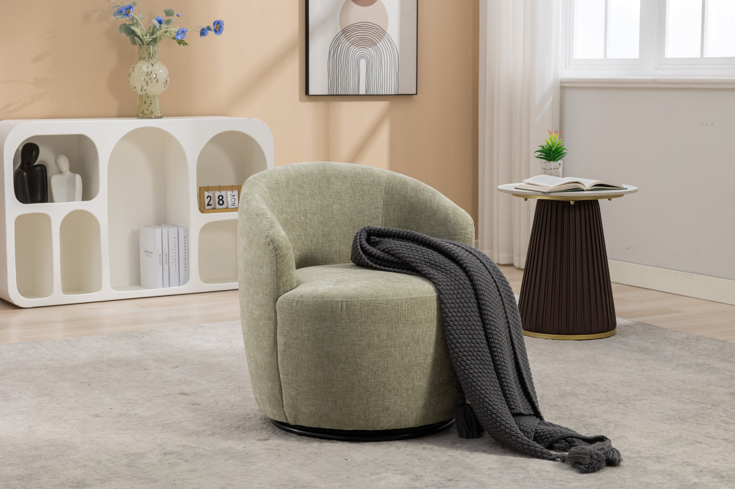 037-Chenille Fabric Swivel Accent Armchair Barrel Chair With Black Powder Coating Metal Ring,Light Green