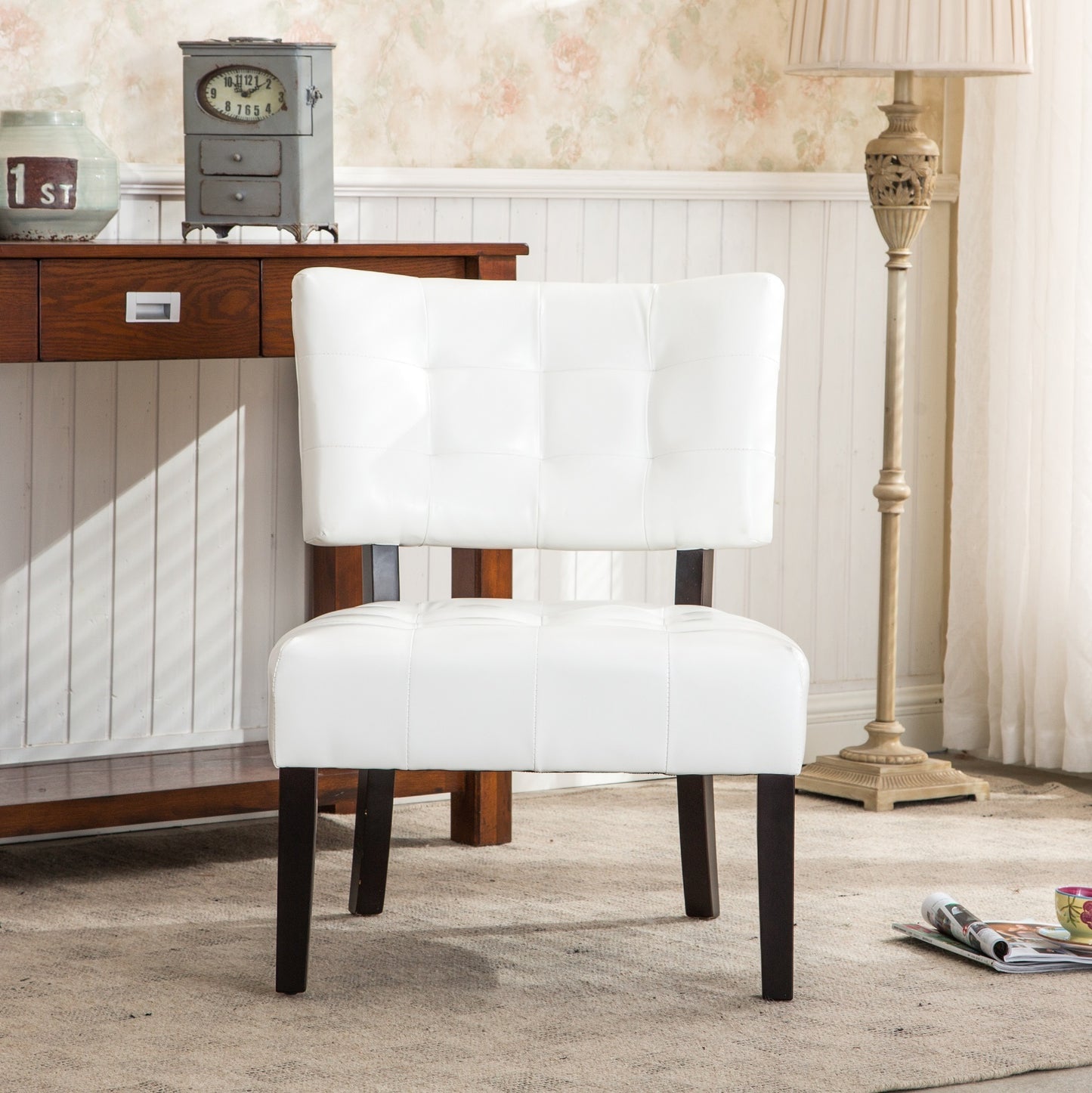 Leather Tufted Accent Chair with Oversized Seating, Ivory