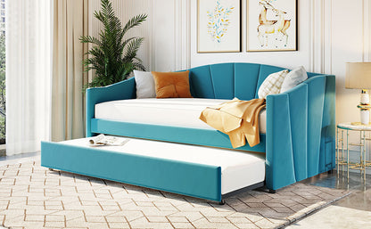 Upholstered Daybed Sofa Bed Twin Size With Trundle Bed and Wood Slat,Blue