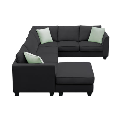 112*87" Sectional Sofa Couches Living Room Sets, 7 Seats Modular Sectional Sofa with Ottoman, L Shape Fabric Sofa Corner Couch Set with 3 Pillows, Black