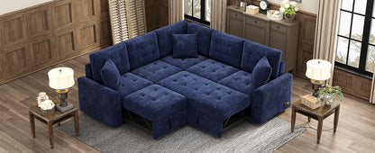 82.6" L-shape Sofa Bed Pull-out Sleeper Sofa with Wheels, USB Ports, Power Sockets for Living Room, Navy Blue