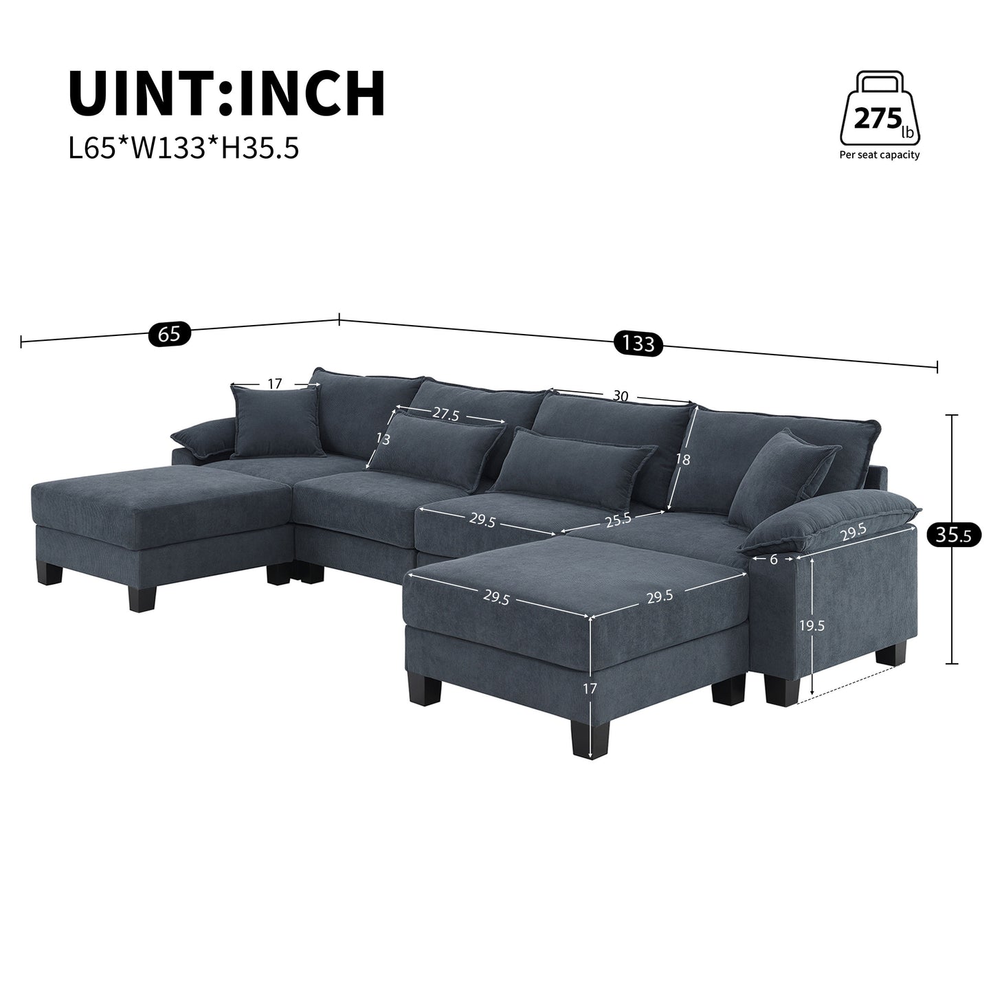 133*65" Corduroy Modular Sectional Sofa,U Shaped Couch with Armrest Bags,6 Seat Freely Combinable Sofa Bed,Comfortable and Spacious Indoor Furniture for Living Room, 2 Colors