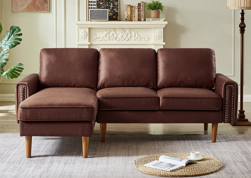 82.2"L-Shape Sofa Couch with Chais Mid-Century Copper Nail on Arms,strong wooden leg and suede fabric design that will complement any living space.Left Chaise,Dark Brown