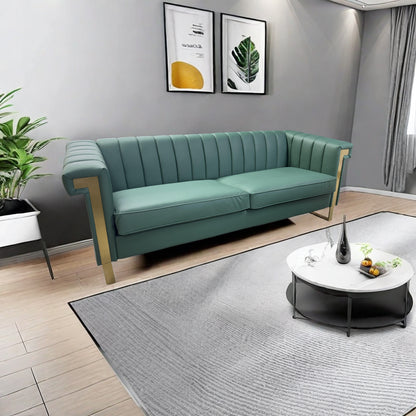 SOFA Modern Green PU Sofa with Gold Accents - Sleek Channel-Tufted Upholstery, 3-Seat Couch for Living Room and Office Decor