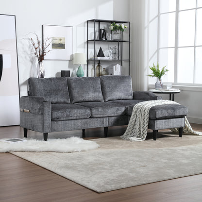 Sofa for three, solid wood frame, Chenille fabric, side pocket, with two cup holders, footstool with storagestorage sofa /Living room sofa cozy sectional sofa