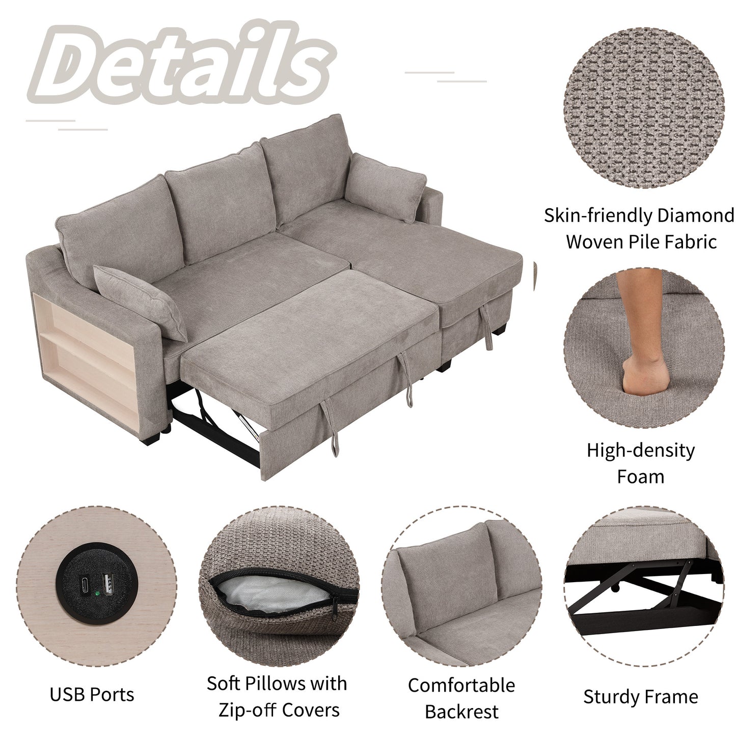 90" Pull Out Sleeper Sofa L-Shaped Couch Convertible Sofa Bed with Storage Chaise, Storage Racks and USB Ports, Light Brown