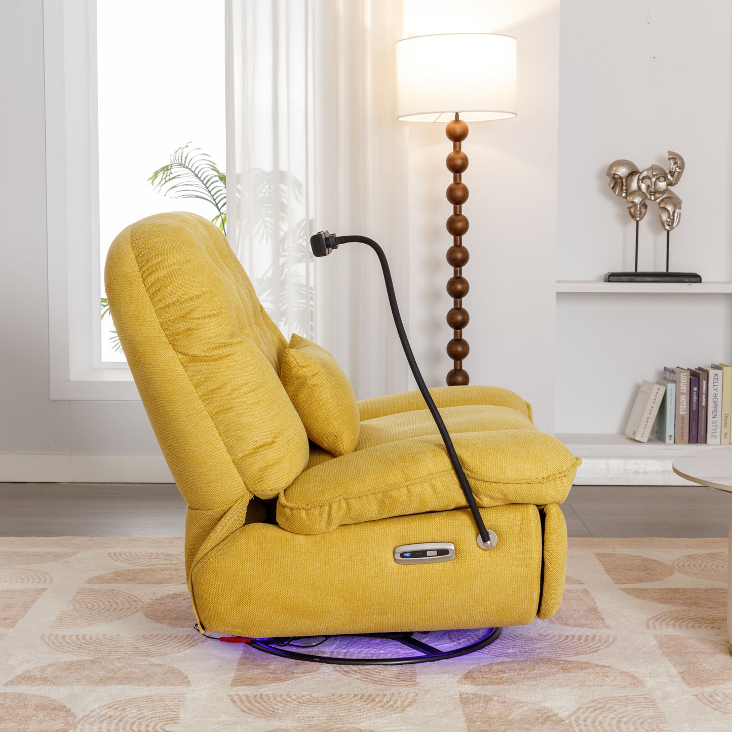 270 Degree Swivel Power Recliner with Voice Control, Bluetooth Music Player,USB Ports, Atmosphere Lamp, Hidden Arm Storage and Mobile Phone Holder for Living Room, Bedroom, Apartment, Yellow