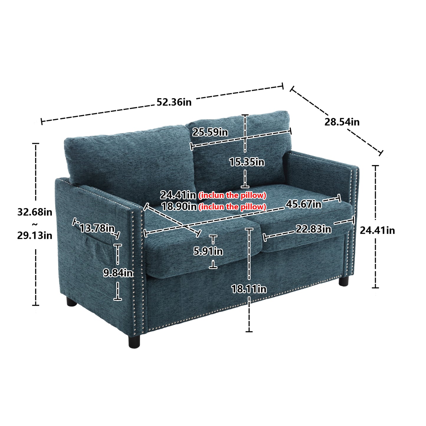 Modern chenille Fabric Loveseat, 2-Seat Upholstered Loveseat Sofa Modern Couch