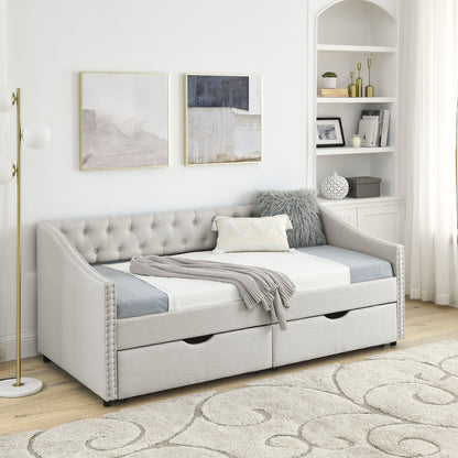 Size Daybed with Drawers Upholstered Tufted Sofa Bed, with Button on Back and Copper Nail on Waved Shape Arms, Beige(81.5''x41''x30.5'')