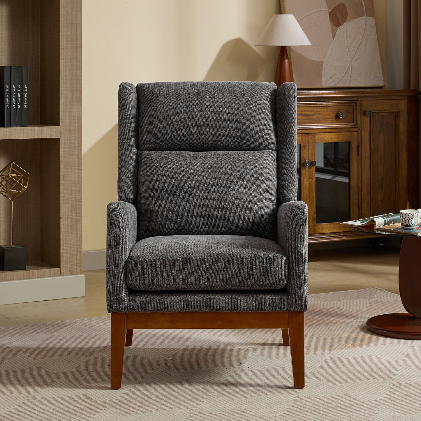 26.18" Wide Modern Accent Chair,Polyester Blend High Back Reading Chair,Upholstered Armchair Club Chair,Single Sofa with Wood Legs for Living Room,Bedroom,Reading Room,Office,Charcoal