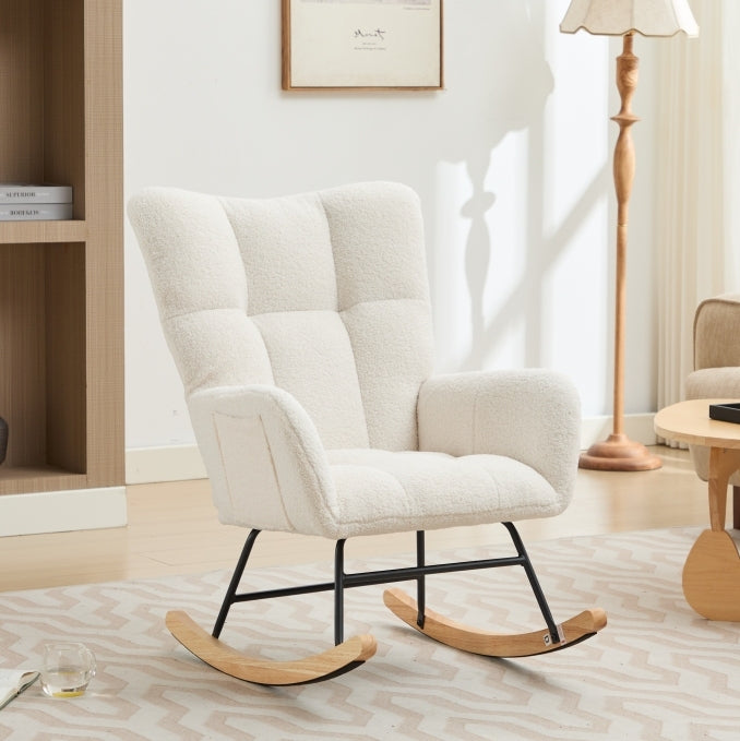 Modern Nursery Rocking Chair Upholstered Glider Chair with High Backrest Rocker Accent Armchair with Solid Wood Legs for Nursery Bedroom Living Room Teddy (white)