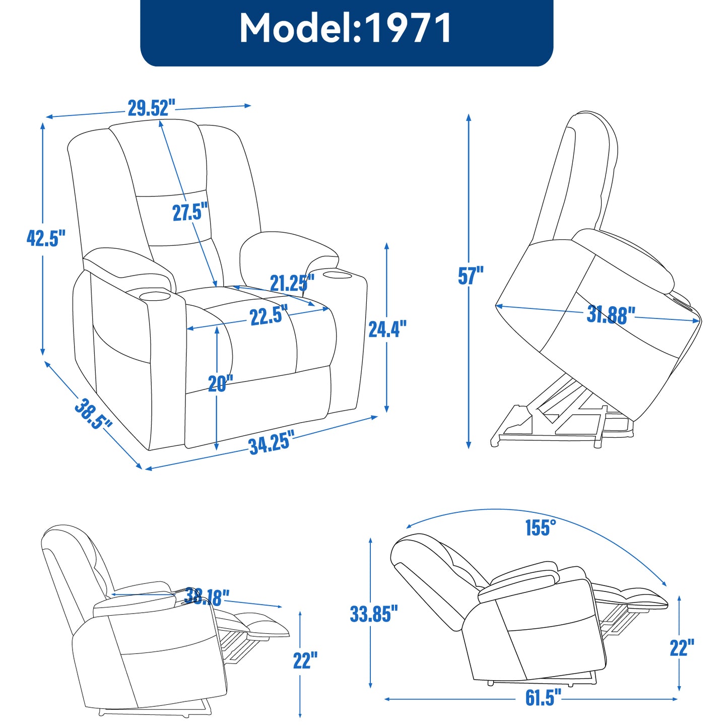 Large Power Lift Recliner Chair with Massage and Heat for Elderly, Overstuffed Wide Recliners, Heavy Duty Motion Mechanism with USB and Type C Ports, 2 Steel Cup Holders, Gray