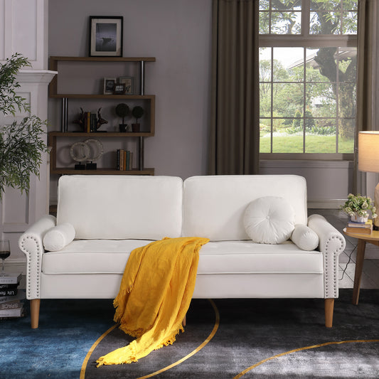 Living Room Sofa,3-Seater Sofa, with Copper Nail on Arms,Three Pillow,White