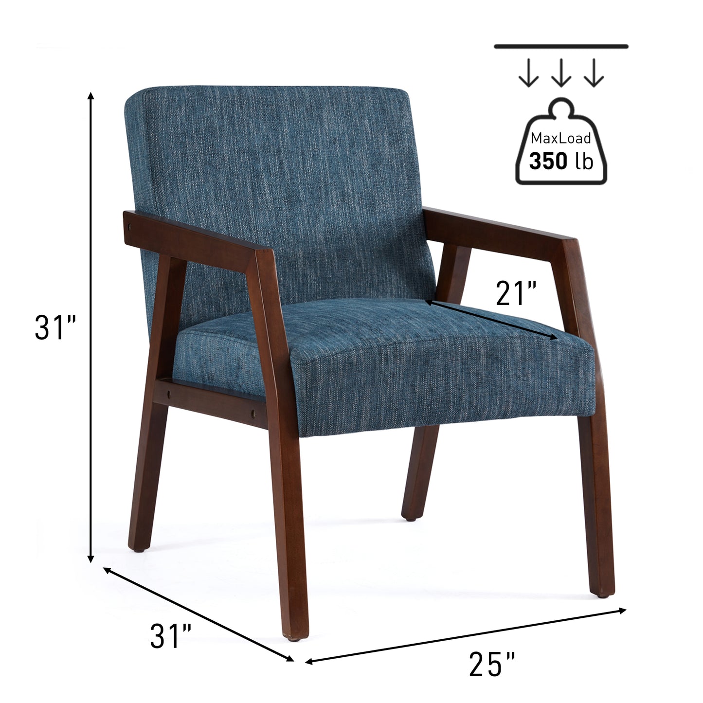 Solid Wooden Mid-Century Modern Accent Chair, Upholstered Arm Chair for Living Room, Bedroom, Linen Fabric Reading Chair, Side Chair, Blue