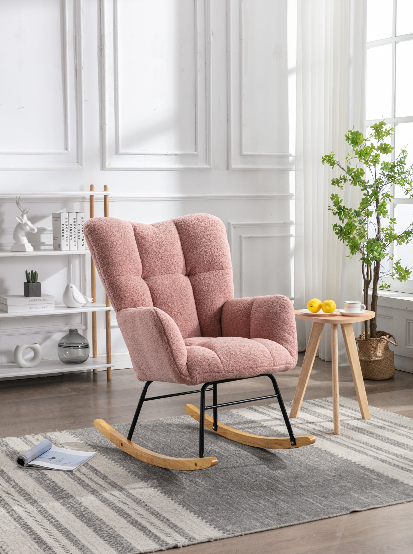 Mid Century Modern Teddy fabric Tufted Upholstered Rocking Chair Padded Seat for Living Room Bedroom,Pink