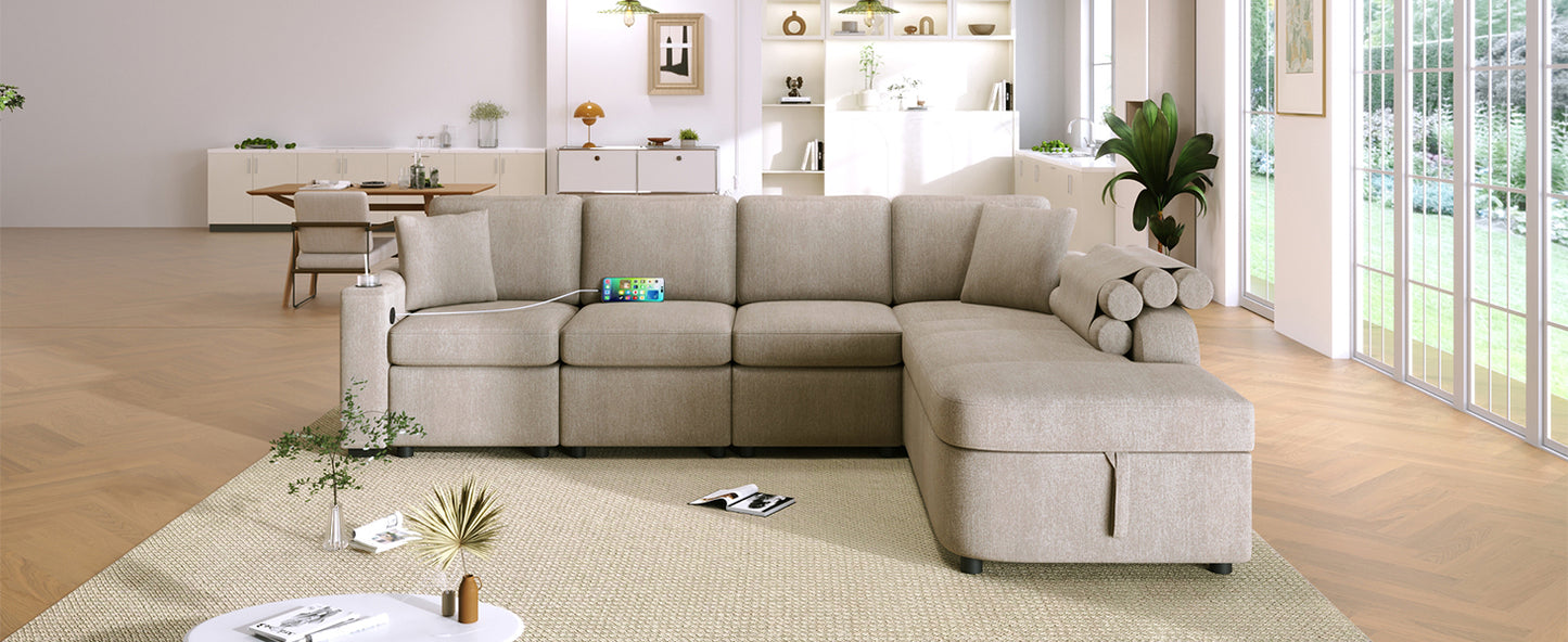 109.8"L-shaped Couch Sectional Sofa with Storage Chaise,Cup Holder and USB Ports for Living Room, Beige