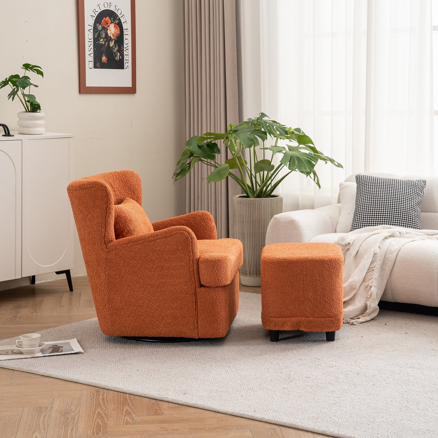 Modern Luxury Velvet Swivel Chair, 360° Swivel Comfort Round Armchair, Single Sofa Chair with Lounge Seat for Bedroom/Office/Reading Space, Set of 1,Orange