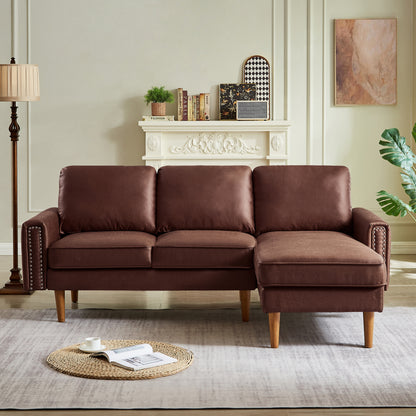 82.2"L-Shape Sofa Couch with Chais Mid-Century Copper Nail on Arms,strong wooden leg and suede fabric design that will complement any living space.Right Chaise,Dark Brown