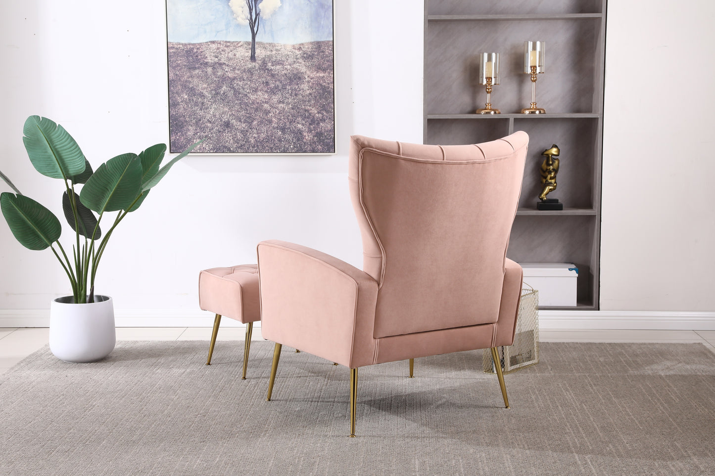 Modern Accent Chair with Ottoman, Comfy Armchair for Living Room, Bedroom, Apartment, Office (Pink)