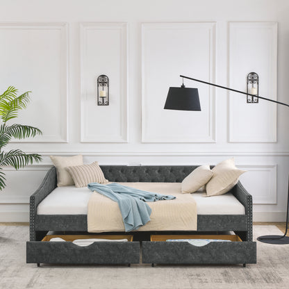 Queen Size Daybed with Drawers Upholstered Tufted Sofa Bed,,with Button on Back and Copper Nail on Waved Shape Arms, Grey (84.5"x63.5"x26.5")