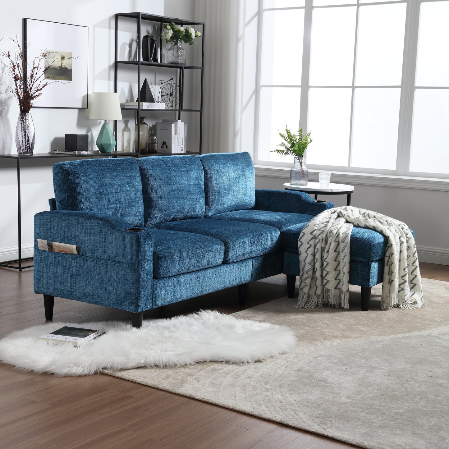 Sofa for three, solid wood frame, Chenille fabric, side pocket, with two cup holders, footstool with storagestorage sofa /Living room sofa cozy sectional sofa