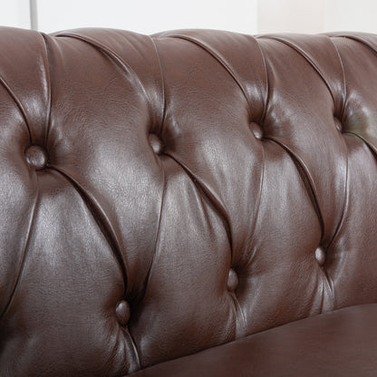 84.65" Dark Brown PU Rolled Arm Chesterfield Three Seater Sofa.