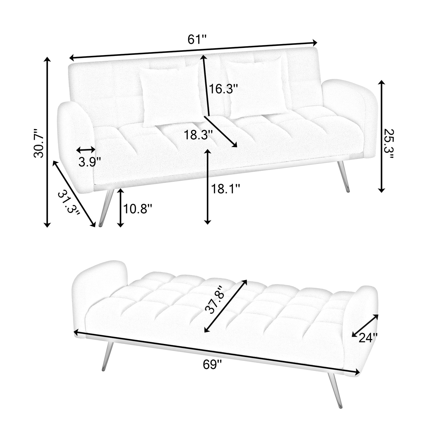 69-inch beige sofa bed with adjustable sofa teddy fleece 2 throw pillows