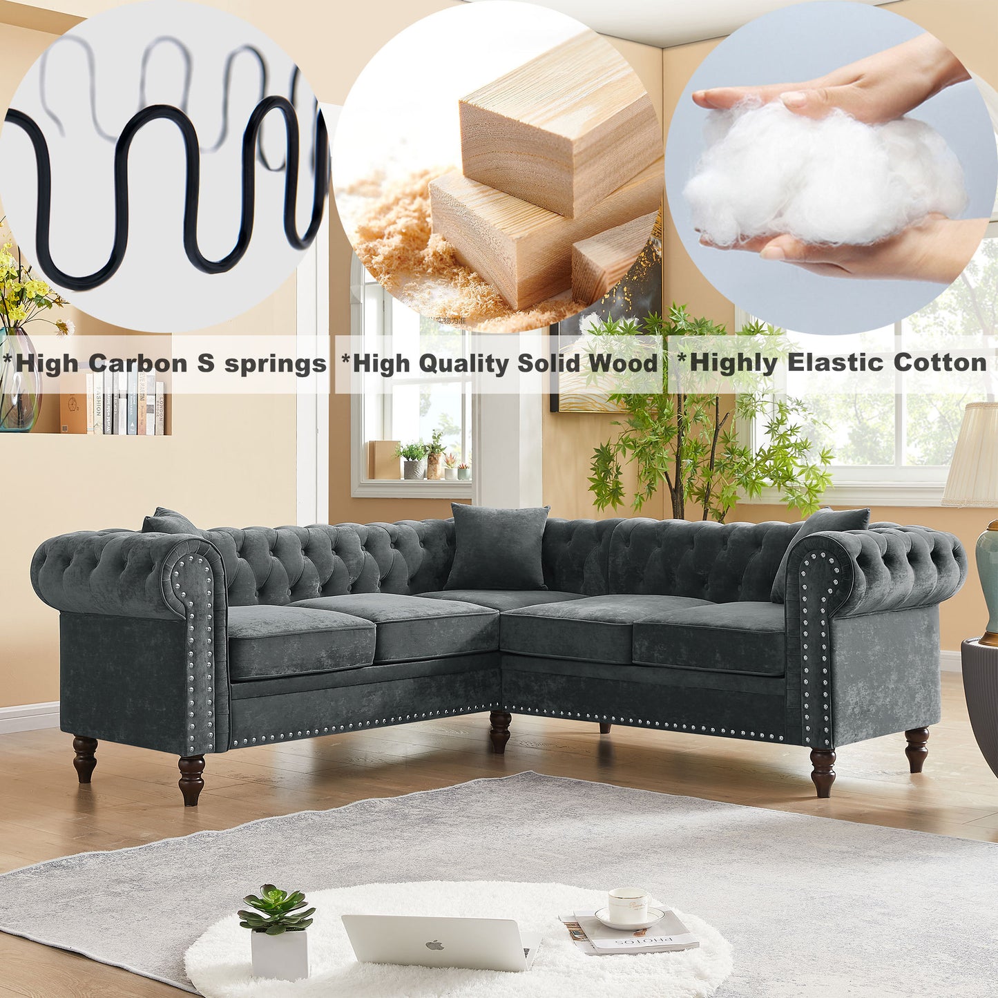 80" Deep Button Tufted Upholstered Roll Arm Luxury Classic Chesterfield L-shaped Sofa 3 Pillows Included, Solid Wood Gourd Legs, Grey velvet