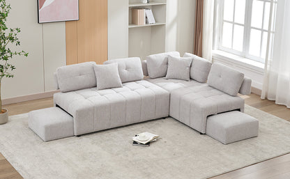 91.73" L-shaped Sofa Sectional Sofa Couch with 2 Stools and 2 Lumbar Pillows for Living Room, Light Grey