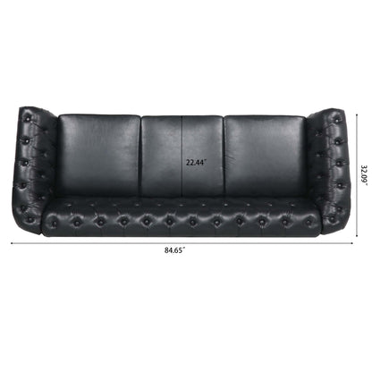 84.65" BLACK PU Rolled Arm Chesterfield Three Seater Sofa.