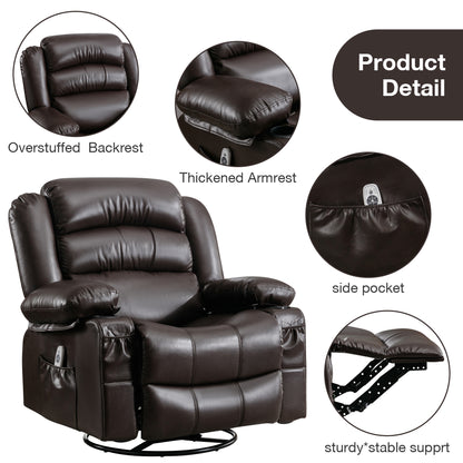 Massage Swivel Rocker Recliner Chair with Vibration Massage and Heat Ergonomic Lounge Chair for Living Room with Rocking Function and Side Pocket  2 Cup Holders USB Charge Port,BROWN