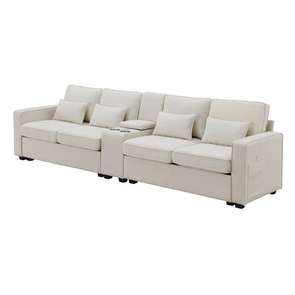 114.2" Upholstered Sofa with Console, 2 Cupholders and 2 USB Ports Wired or Wirelessly Charged, Modern Linen Fabric Couches with 4 Pillows for Living Room, Apartment