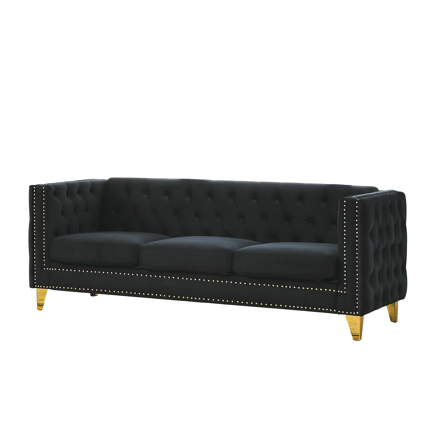 Velvet Sofa for Living Room,Buttons Tufted Square Arm Couch, Modern Couch Upholstered Button and Metal Legs, Sofa Couch for Bedroom, Black Velvet(W834S00022)