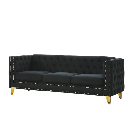 Velvet Sofa for Living Room,Buttons Tufted Square Arm Couch, Modern Couch Upholstered Button and Metal Legs, Sofa Couch for Bedroom, Black Velvet(W834S00022)