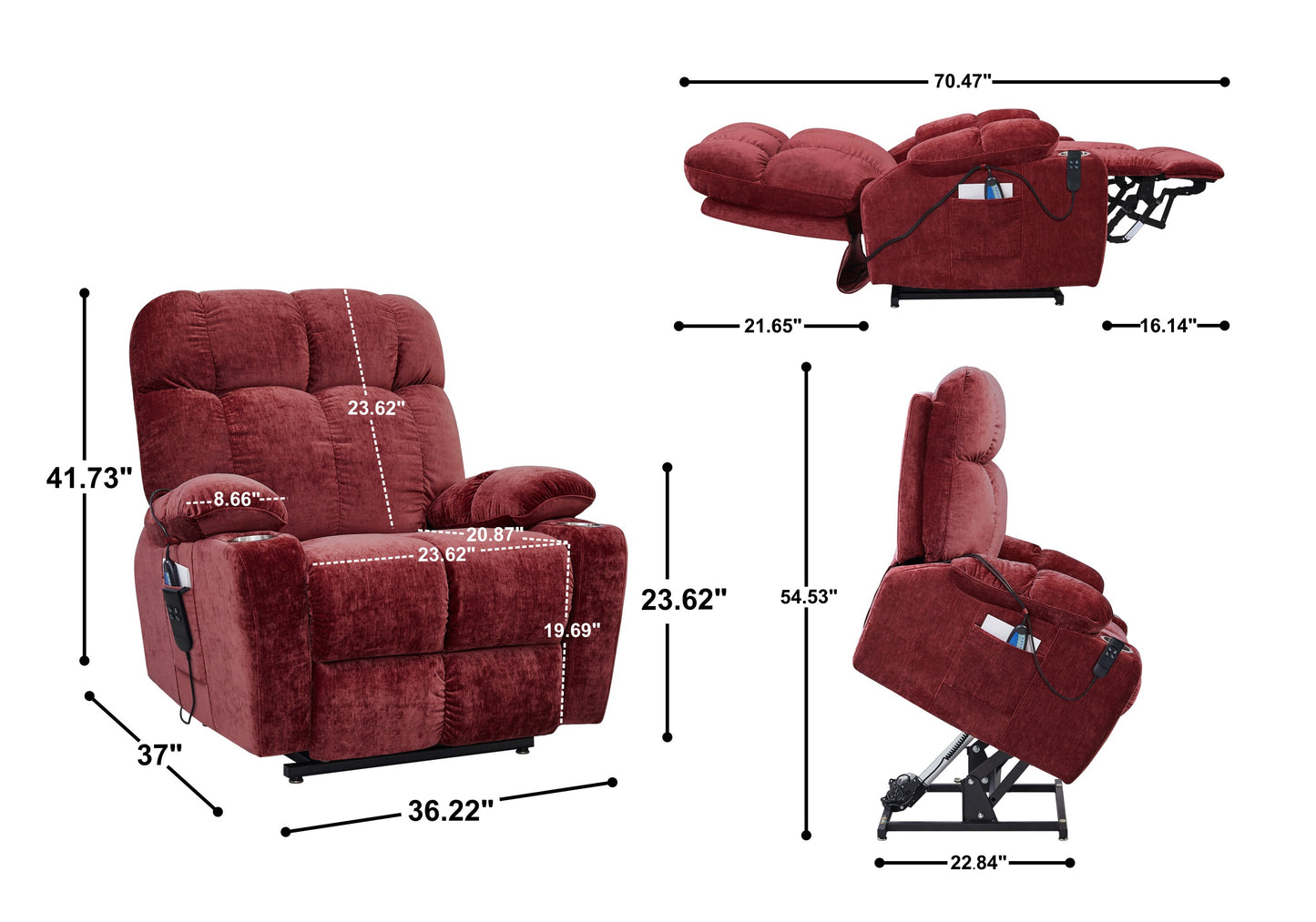 Power Lift Recliner Chair for Elderly Infinite Position Lay Flat 180° Recliner with Heat Massage