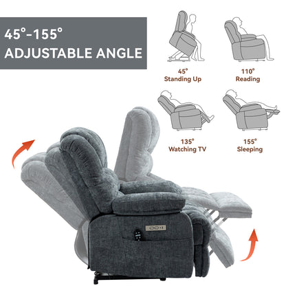 23" Seat Width and High Back Large Size Blue Chenille Power Lift Recliner Chair with 8-Point Vibration Massage and Lumbar Heating