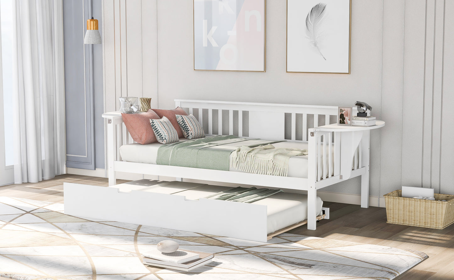 Wooden Daybed with Trundle Bed, Sofa Bed for Bedroom Living Room, White