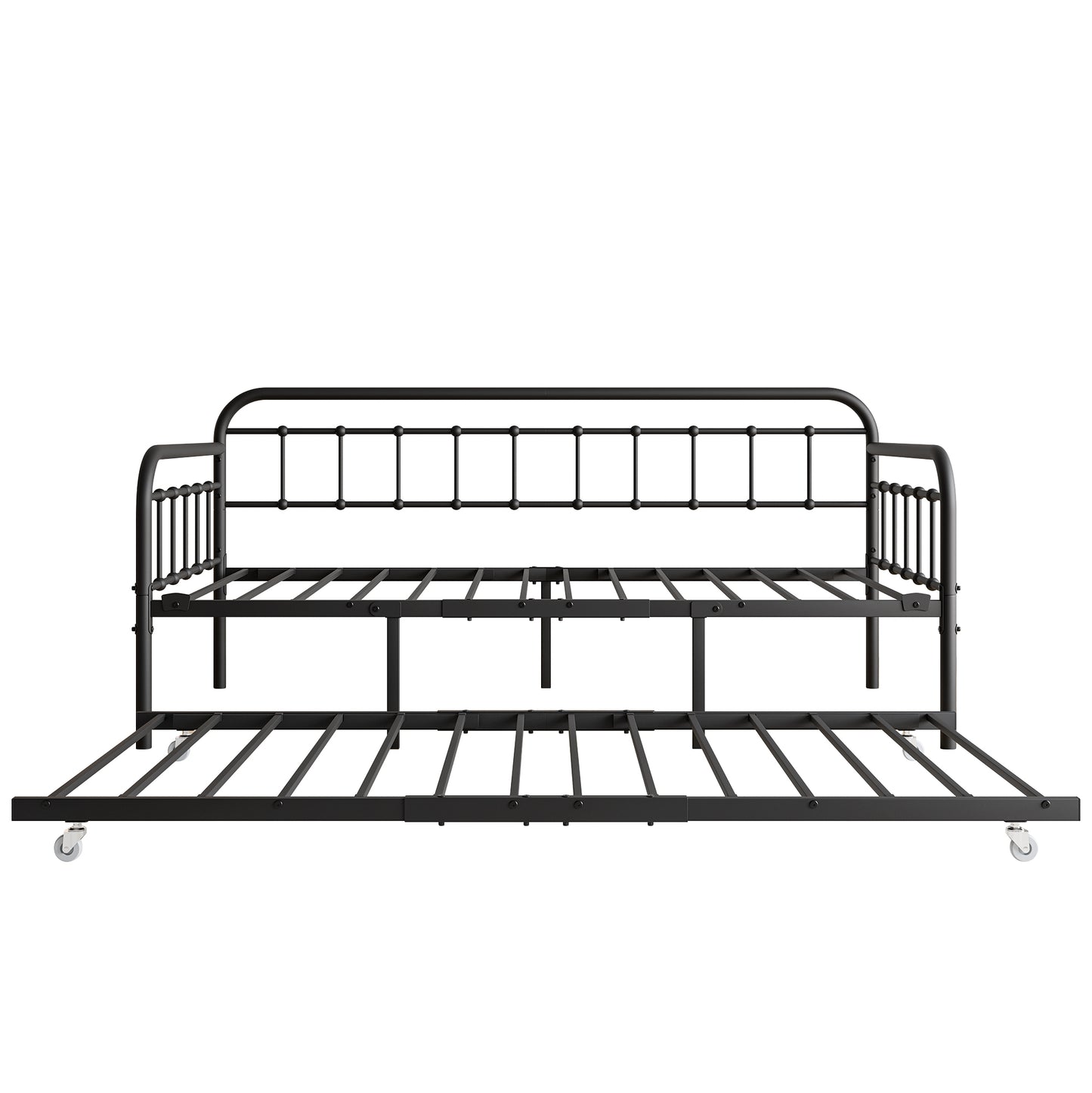 Size Metal Daybed Frame with Trundle, Heavy Duty Steel Slat Support Sofa Bed Platform with Headboard, No Box Spring Needed, Black