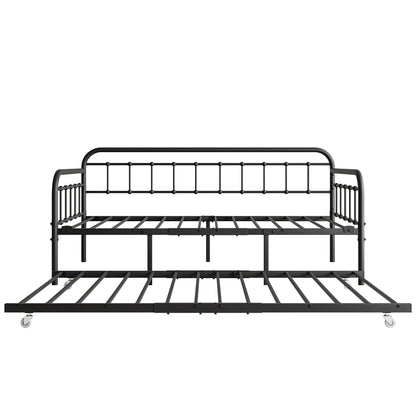 Size Metal Daybed Frame with Trundle, Heavy Duty Steel Slat Support Sofa Bed Platform with Headboard, No Box Spring Needed, Black