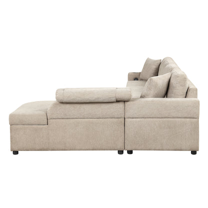 109.8"L-shaped Couch Sectional Sofa with Storage Chaise,Cup Holder and USB Ports for Living Room, Beige